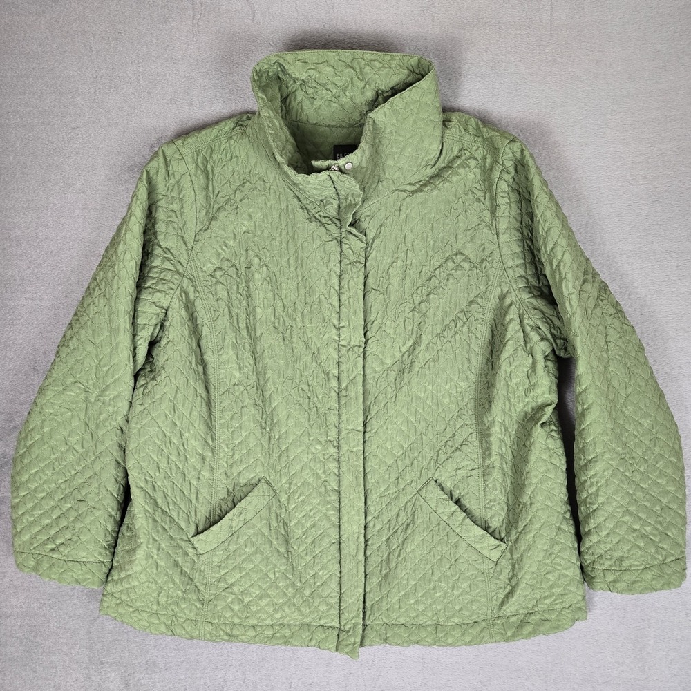 Eileen Fisher Jacket Womens 2X Green Diamond Silk Quilted Magnetic Snap Full Zip